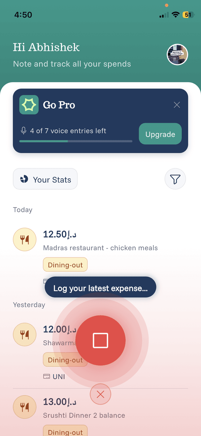 eqva money app voice recording screen showing microphone button and waveform animation for hands-free expense logging
