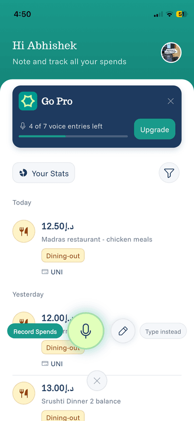 eqva money home screen showing voice recording and manual entry options for logging expenses