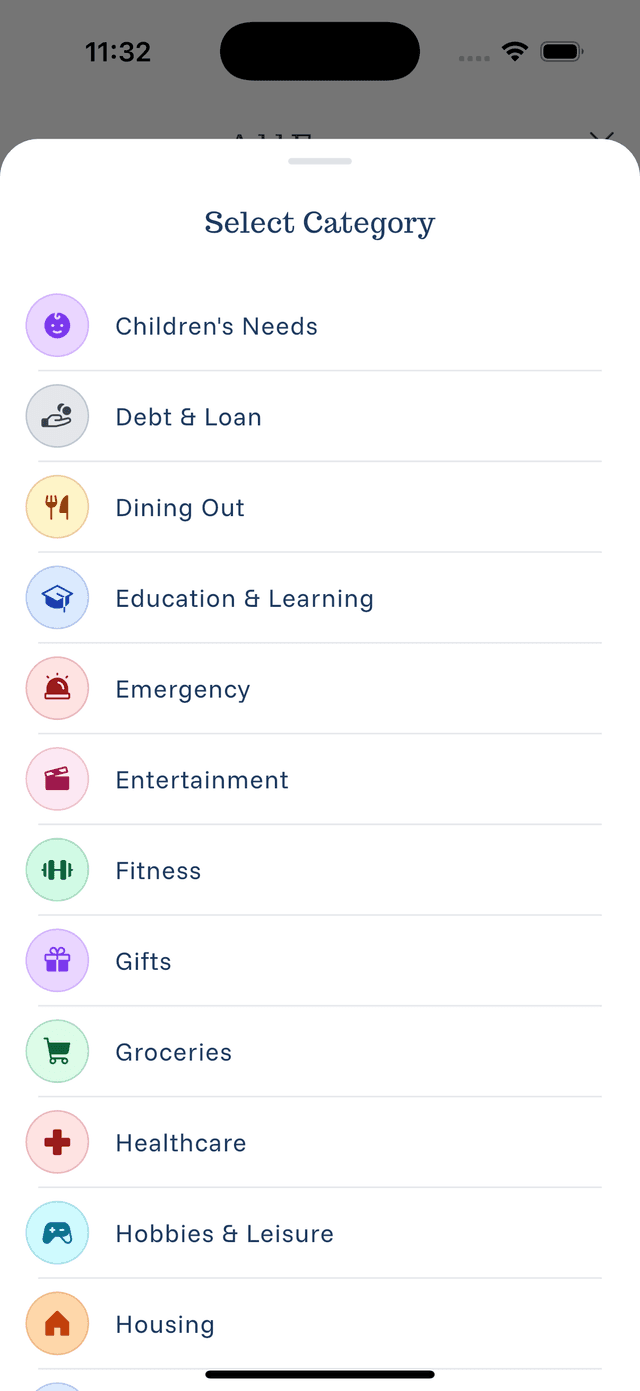 eqva money category selection screen showing expense categories like groceries, dining, transportation, and entertainment
