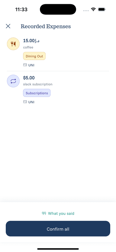 eqva money confirmation screen displaying auto-detected expense details with edit and confirm options