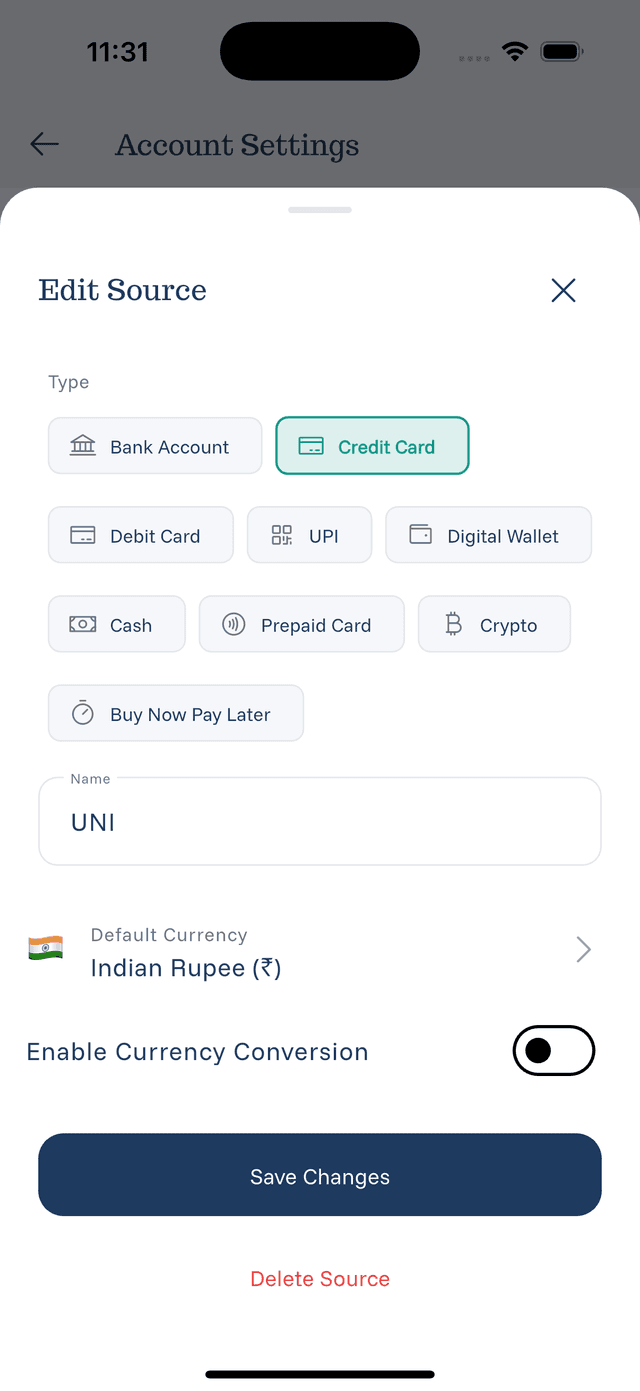 eqva money settings screen for editing payment sources including credit cards, bank accounts, and digital wallets