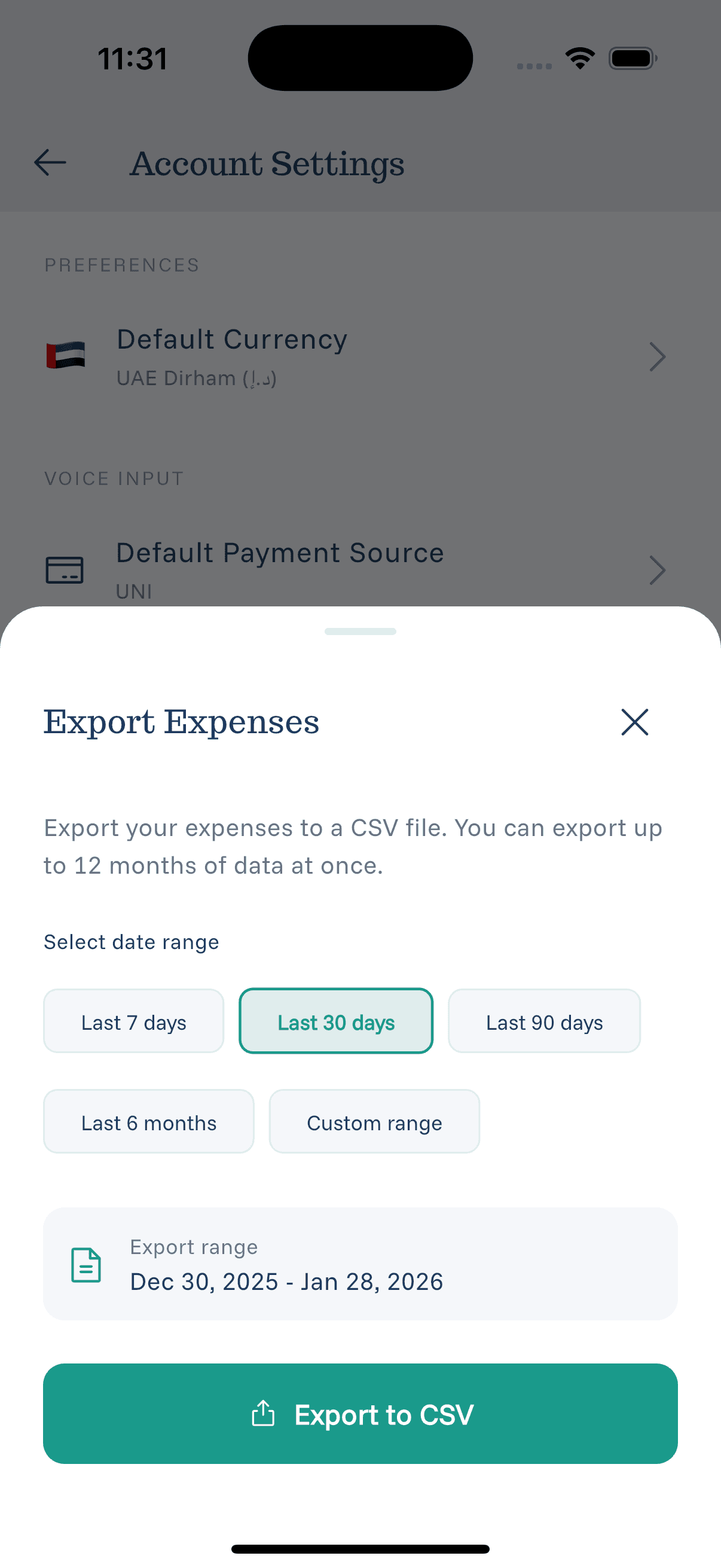 eqva money export screen showing CSV export options with date range selection for expense reports